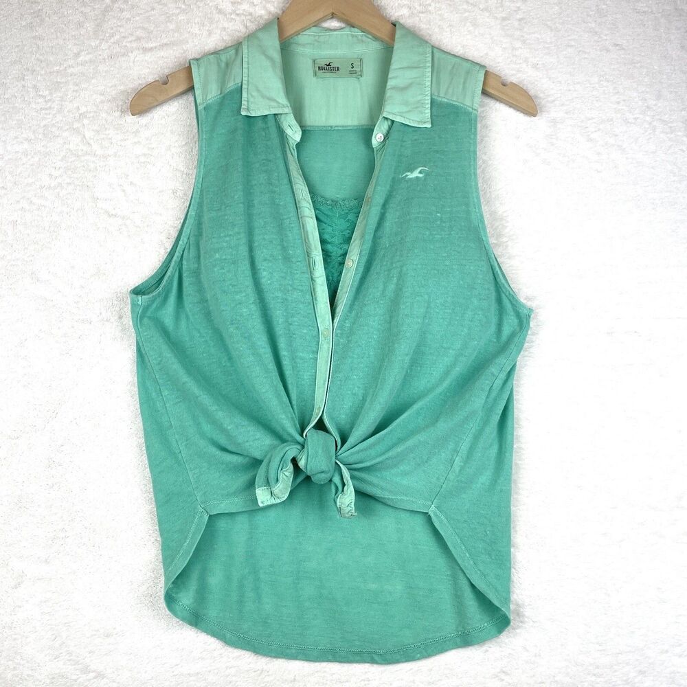 Hollister Top Womens Small Green Sleeveless Button Up Burnout Sheer Vintage Y2K